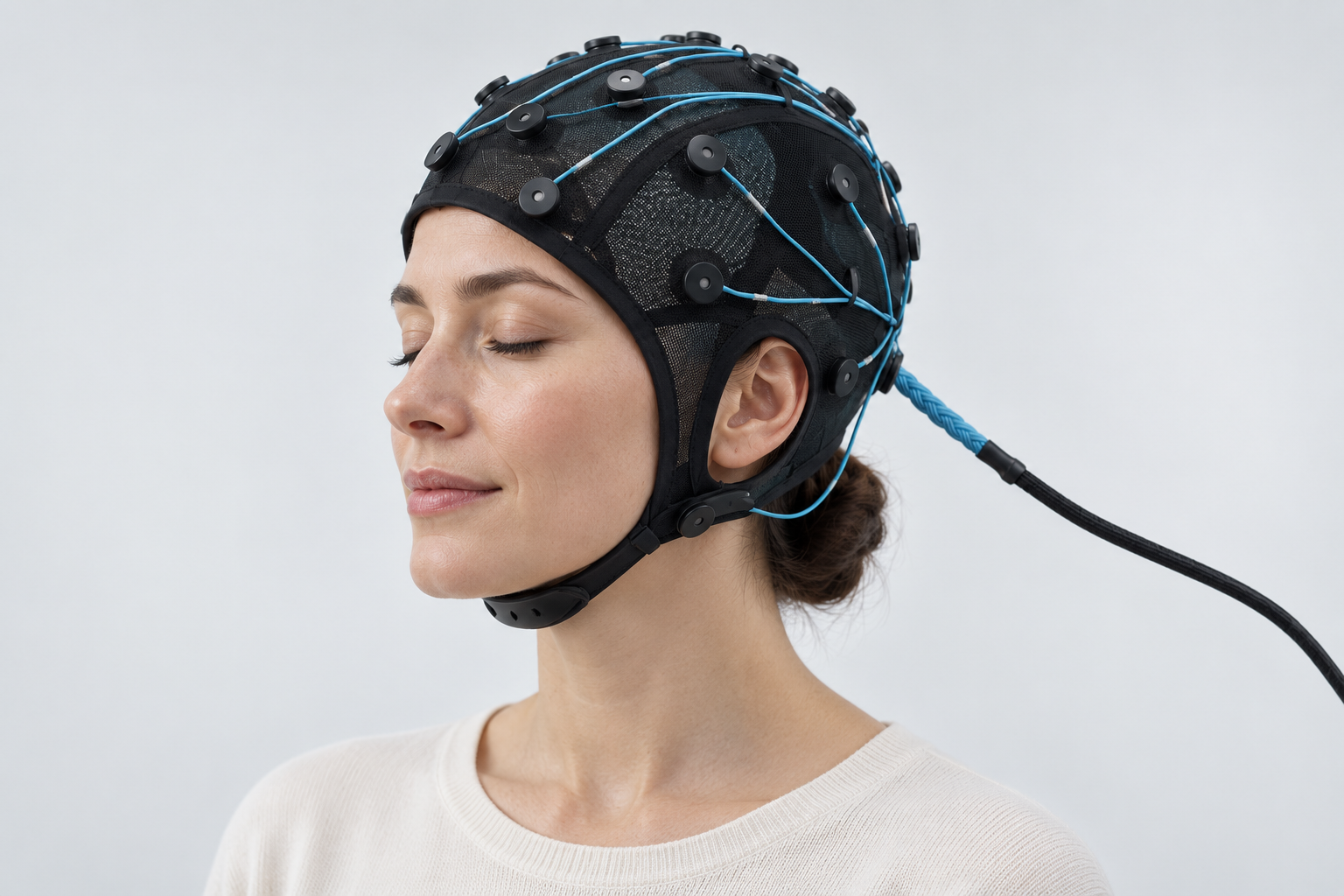 Illustrative portrait of a woman wearing the black mesh EEG cap with blue electrode wires