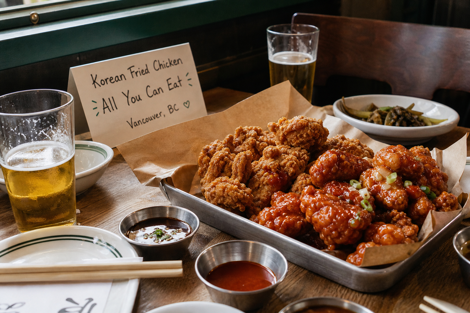 A warm, documentary-style photo of a Vancouver restaurant table with a tray of crispy Korean fried chicken, small sauce bowls, pickled radish, beer glasses, and a handwritten all-y
