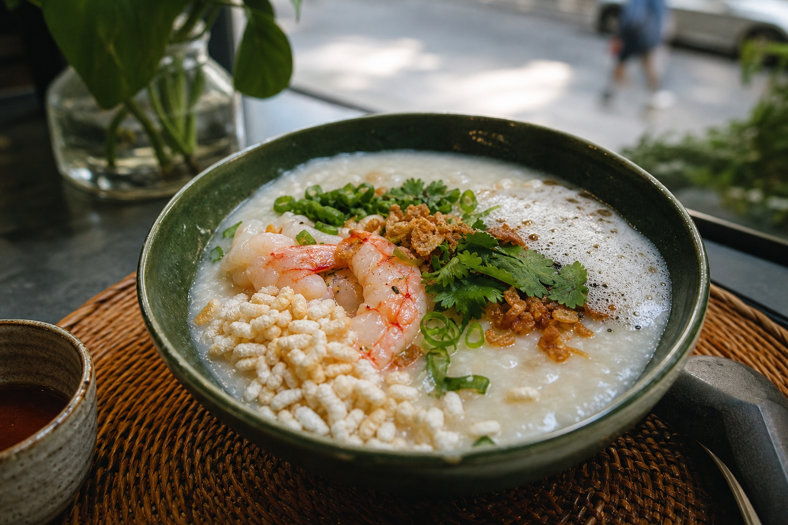 A warm editorial food photo of a Cambodian borbor bowl in a Vancouver restaurant setting: creamy rice porridge topped with spot prawns, puffed rice, green onions, cilantro, fried s