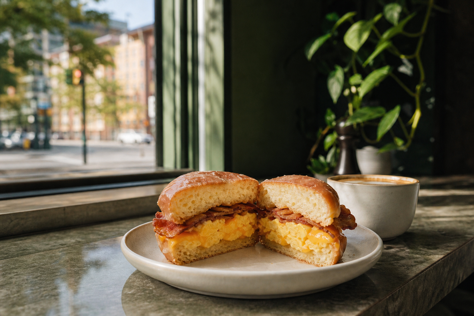 A bright Vancouver café counter with a split brioche doughnut sandwich on a plate, visible savoury filling of egg, cheddar, and bacon, with a coffee, natural light, and clean edito