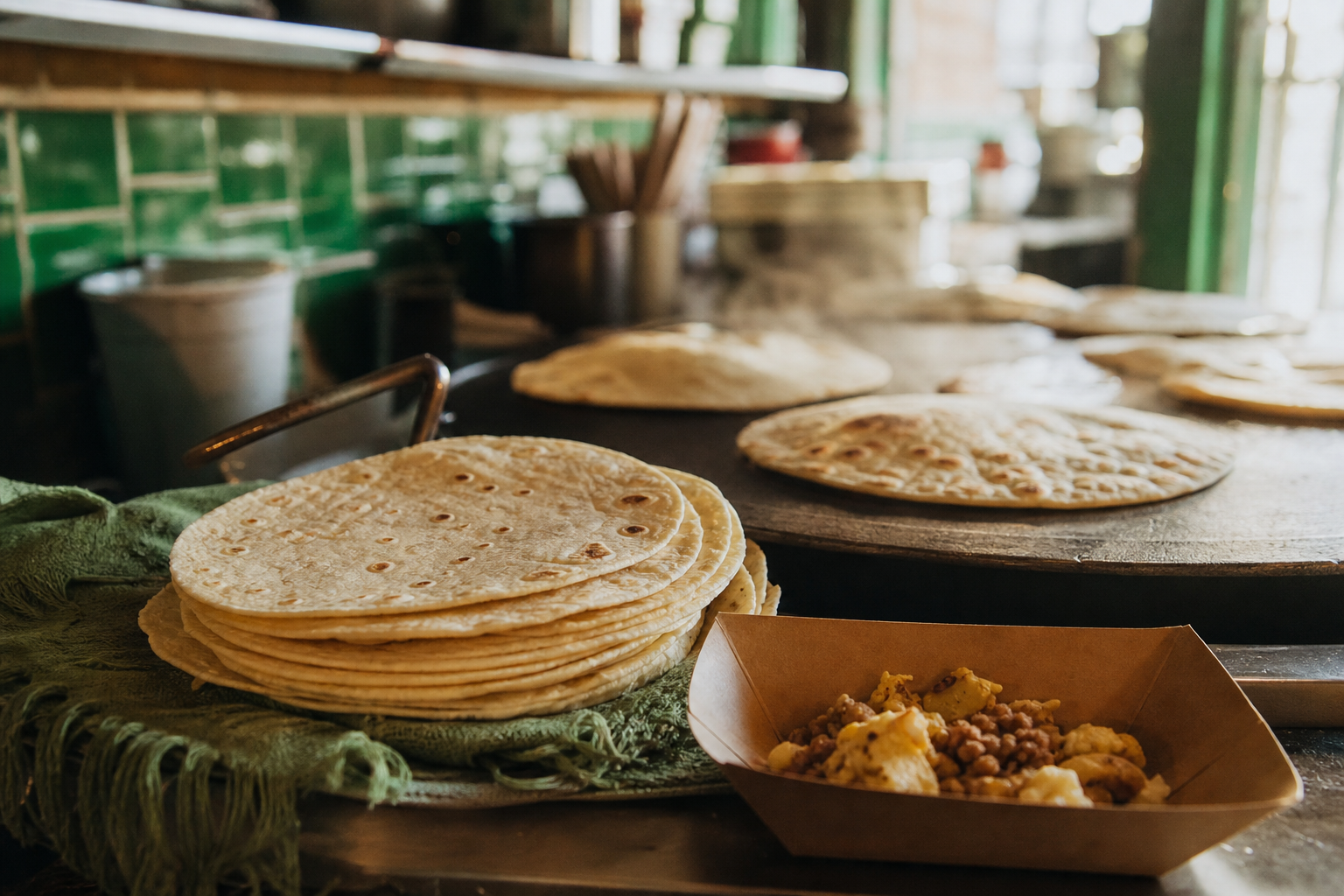 A Texas café counter with a hot skillet or comal, a stack of soft butter flour tortillas, a brown paper tray, and a warm morning light. Natural food photography. No logos. No text.