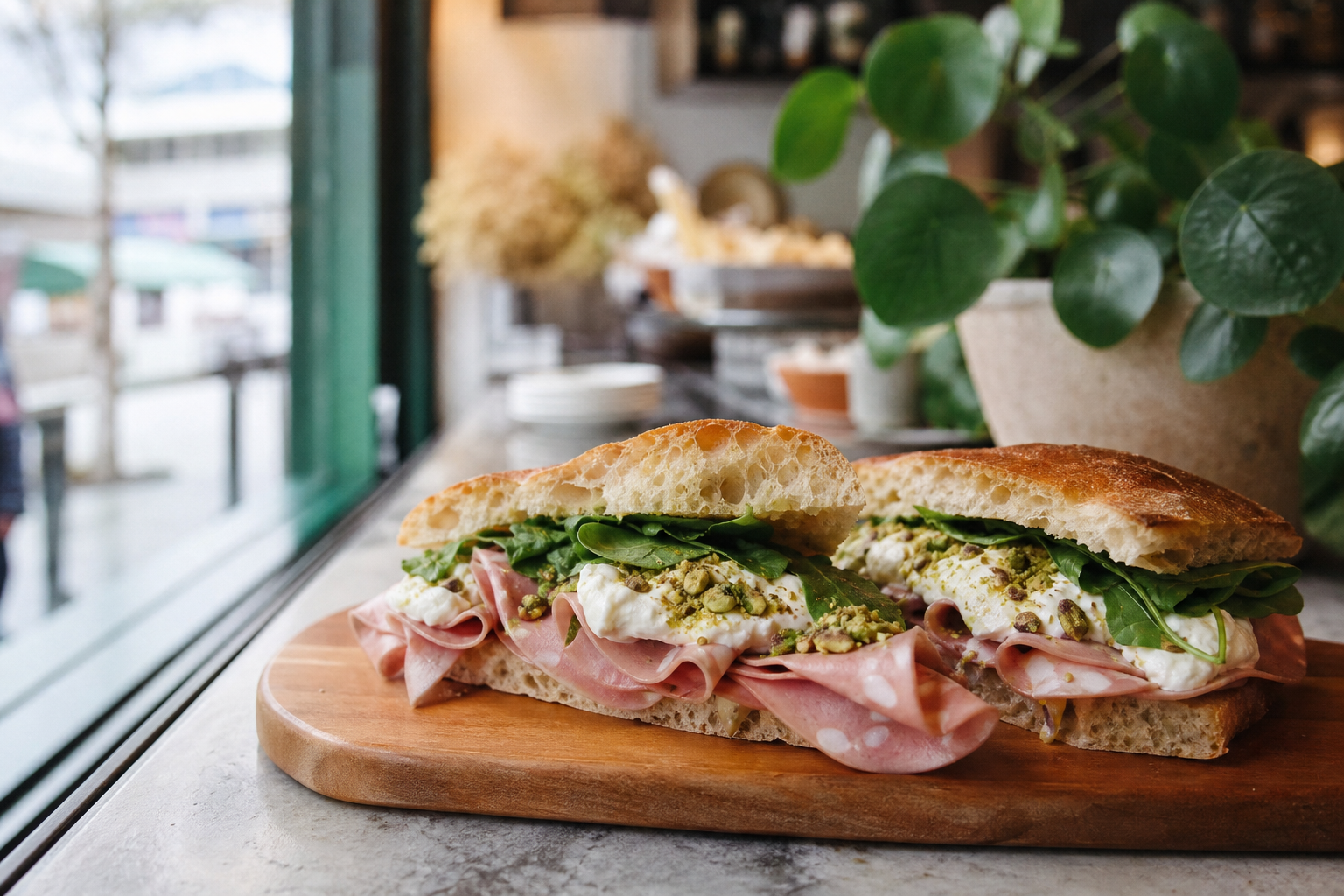 A bright Vancouver café counter with a mortadella sandwich on a wooden board, thick sliced salumi, stracciatella, pistachio crumble, arugula, and schiacciata bread. Natural window