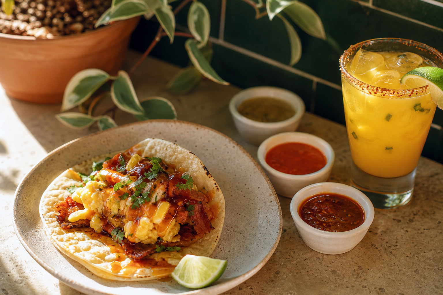A warm, realistic restaurant counter scene in Texas and BC style: a breakfast taco with glossy hot honey drizzle, a chilled mango-jalapeño drink, and small sauce ramekins labeled m