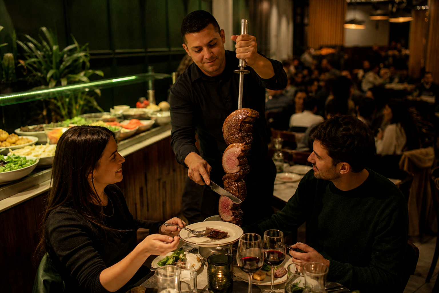 A warm, realistic Vancouver restaurant scene showing a Brazilian churrasco rodízio table: a server carving picanha from a skewer onto a guest’s plate, with sausage, chicken, grille