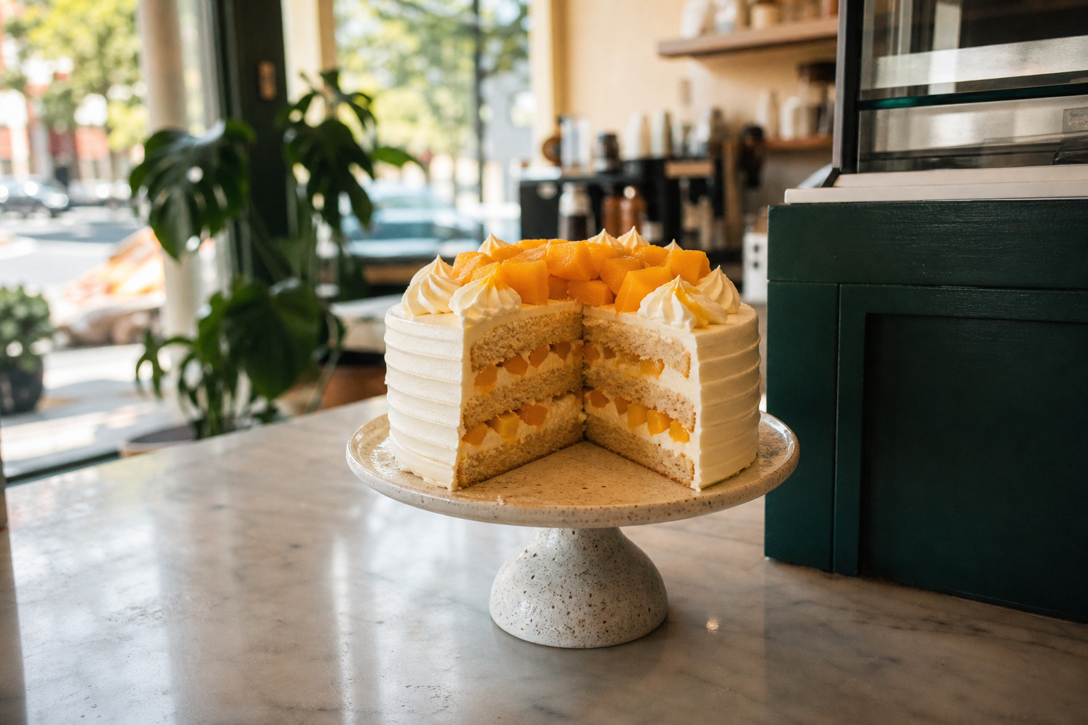 A warm Vancouver café counter with a chilled mango cake on a pedestal stand, sliced open to show sponge layers, whipped cream, and bright mango pieces. Natural daylight, clean plat